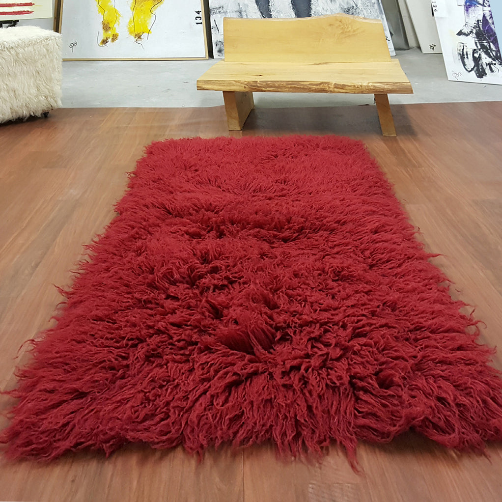 BEAUTIFUL 3x5 BURGUNDY RED FLOKATI RUG | THICK 3.5