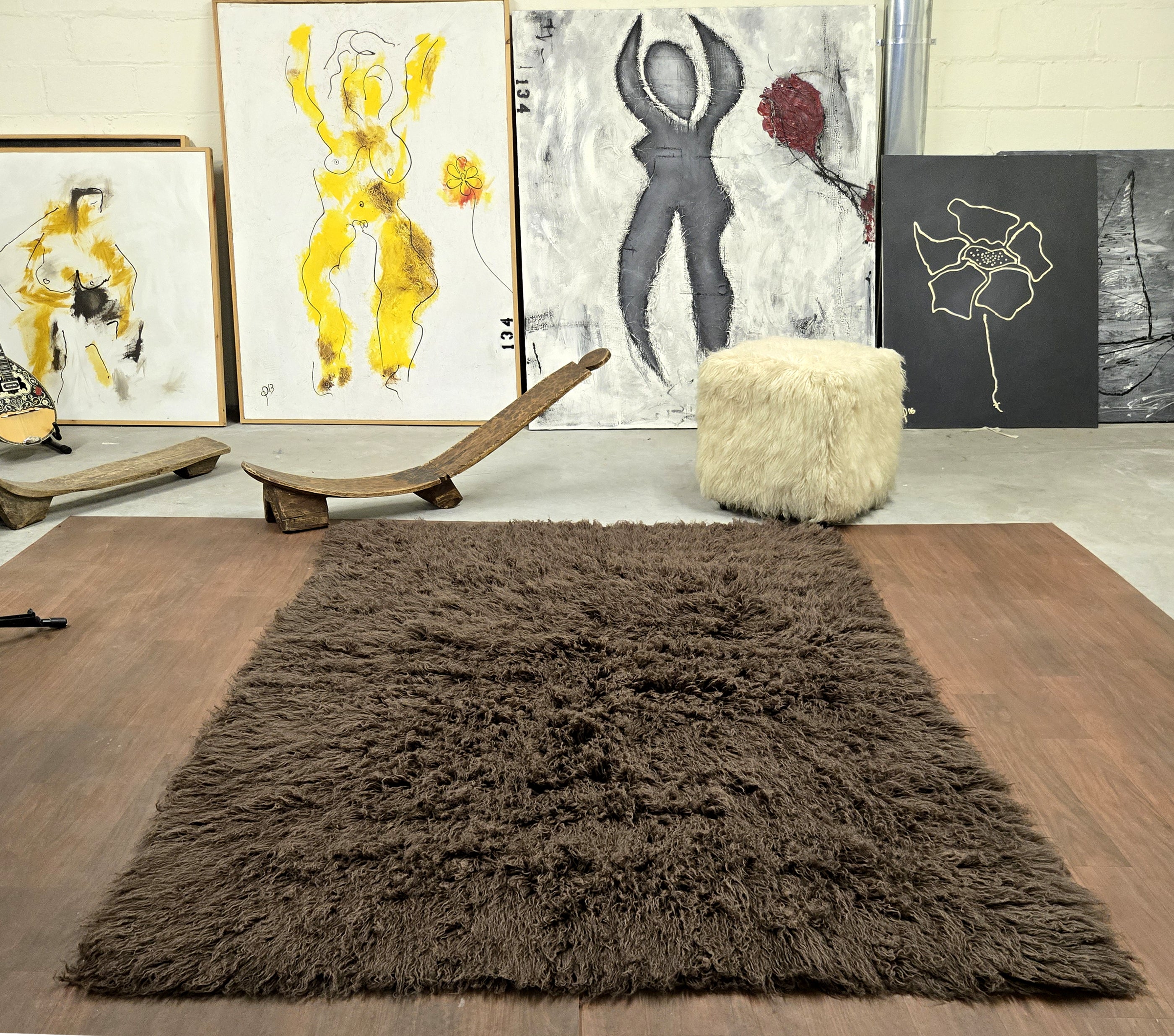 SUPER THICK MUTED BROWN FLOKATI RUG. LONG 3.5” PILE.  WOOL AREA RUG