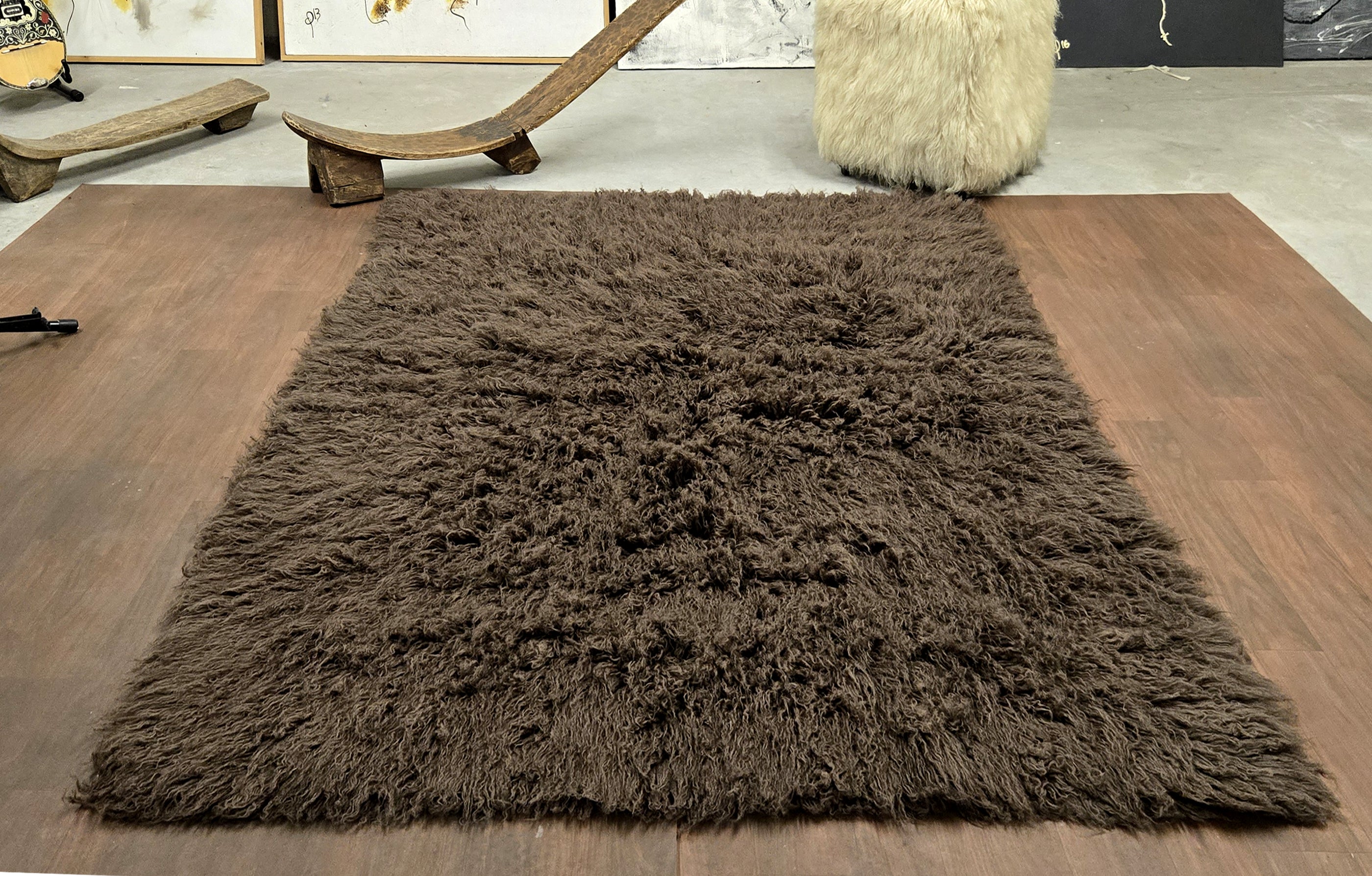 SUPER THICK MUTED BROWN FLOKATI RUG. LONG 3.5” PILE.  WOOL AREA RUG
