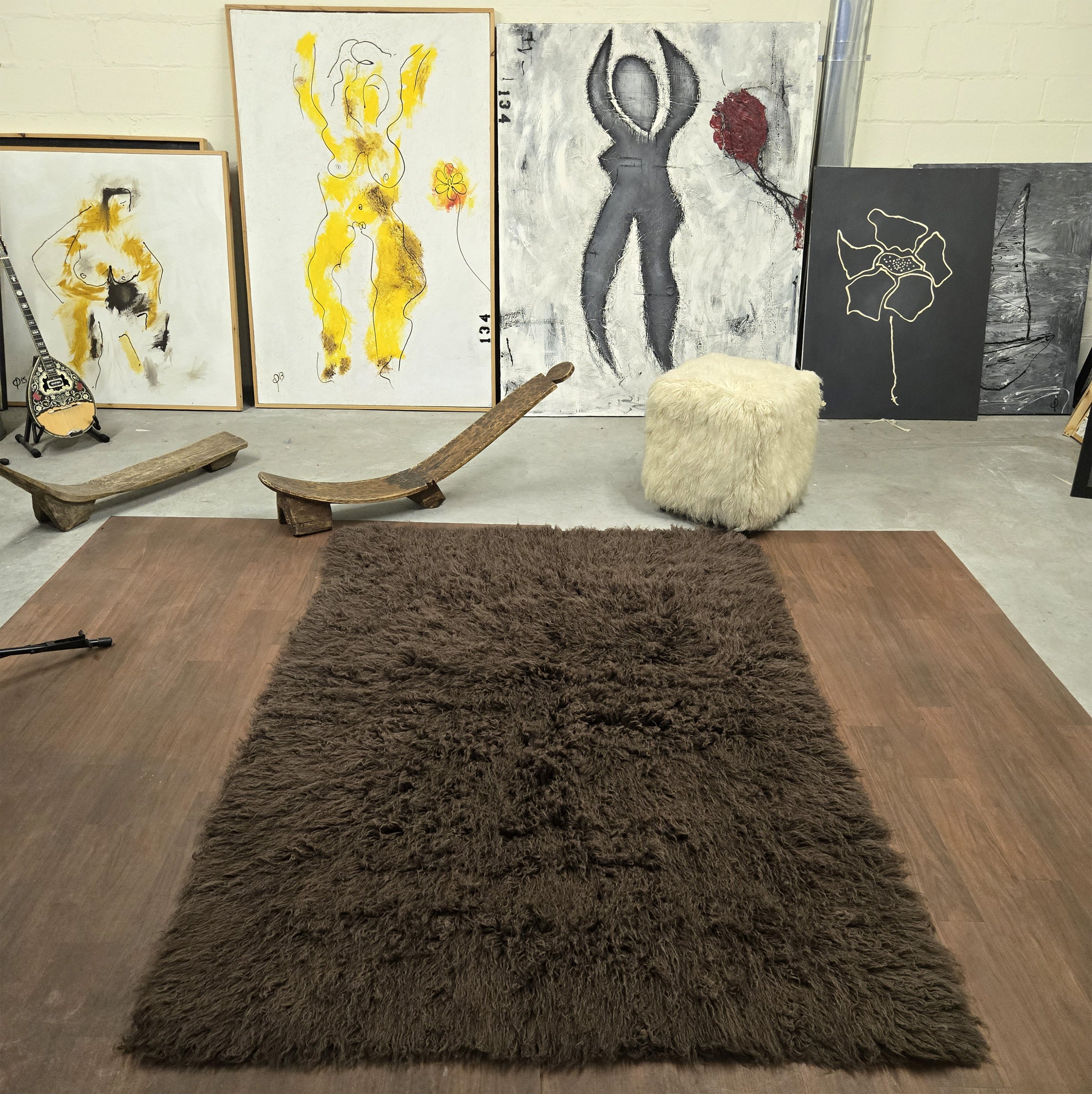 SUPER THICK MUTED BROWN FLOKATI RUG. LONG 3.5” PILE.  WOOL AREA RUG