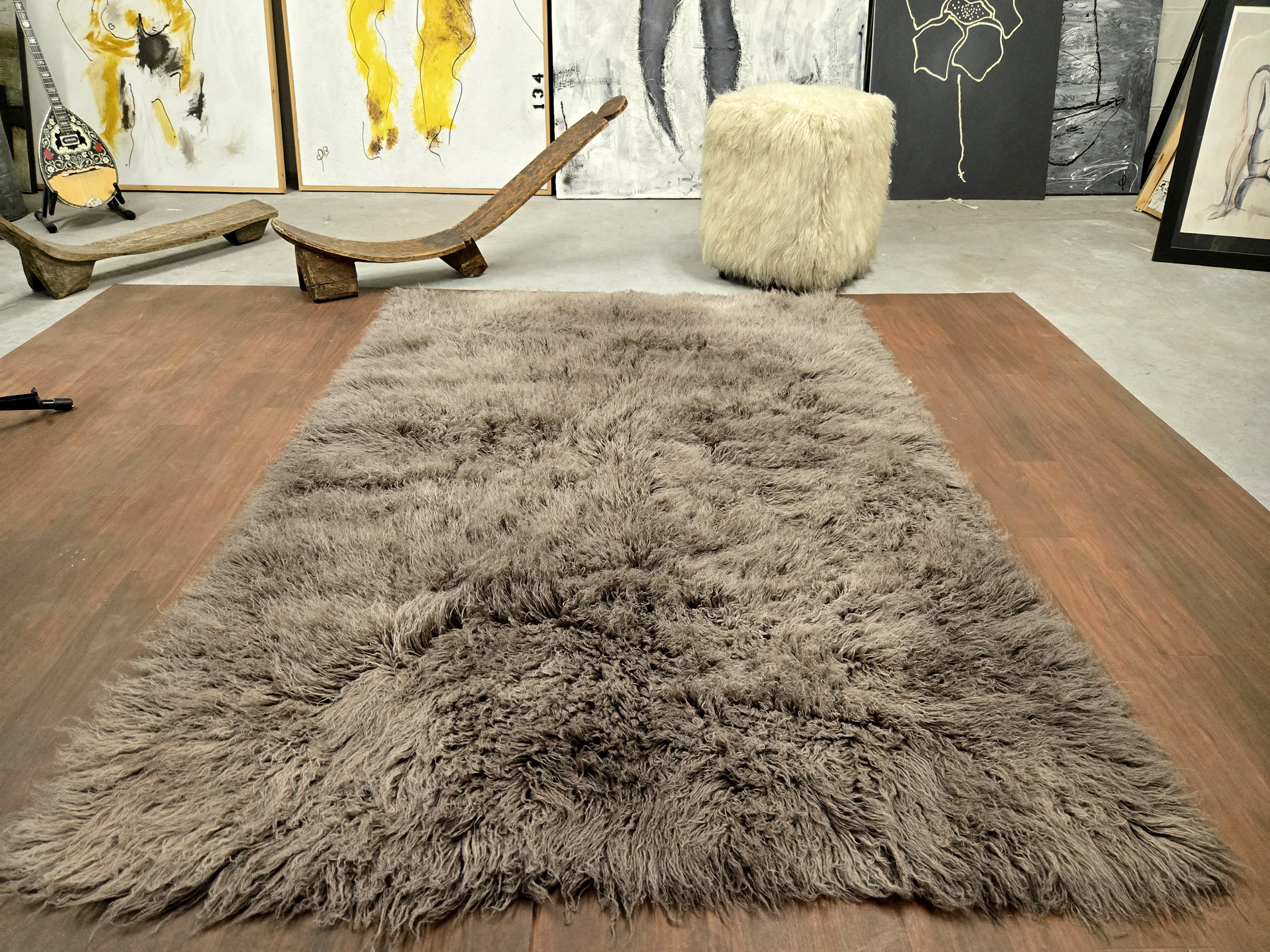 SUPER THICK LIGHT BROWN FLOKATI RUG. LONG 3.5” PILE. WOOL AREA RUG