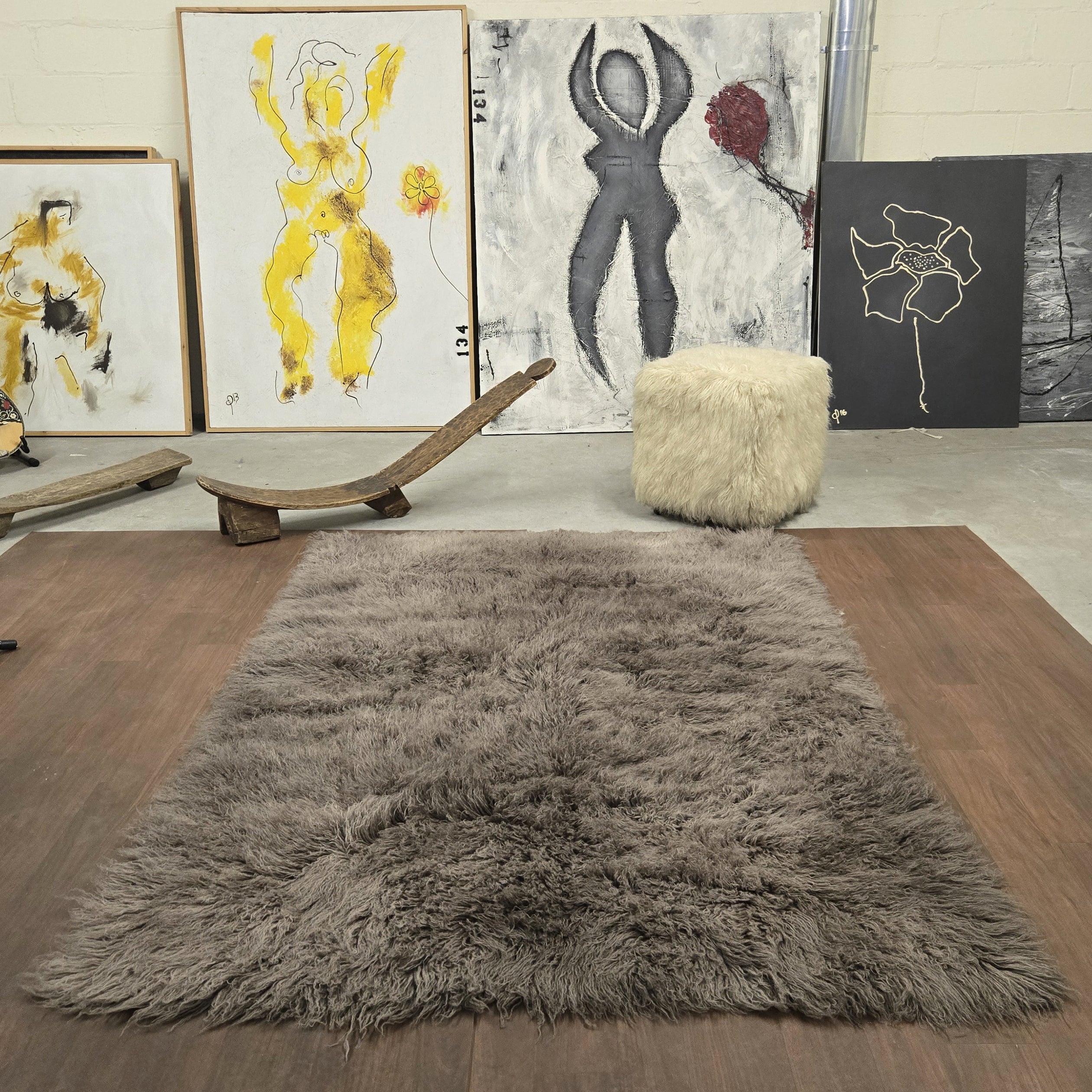 SUPER THICK LIGHT BROWN FLOKATI RUG. LONG 3.5” PILE. WOOL AREA RUG