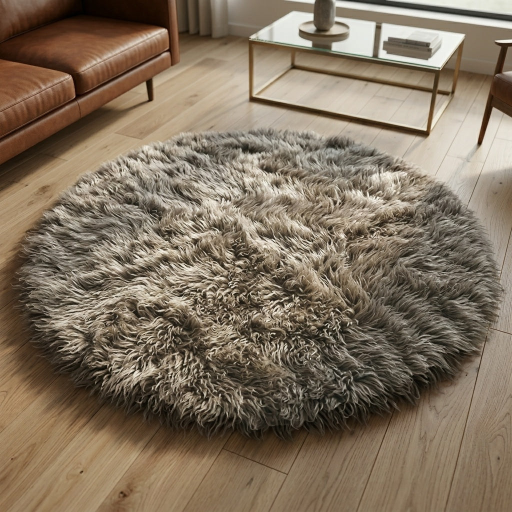 HUGE 10' ROUND FLOKATI RUG💥NATURAL GRAY AND WHITE BLEND💥LONG 3.5