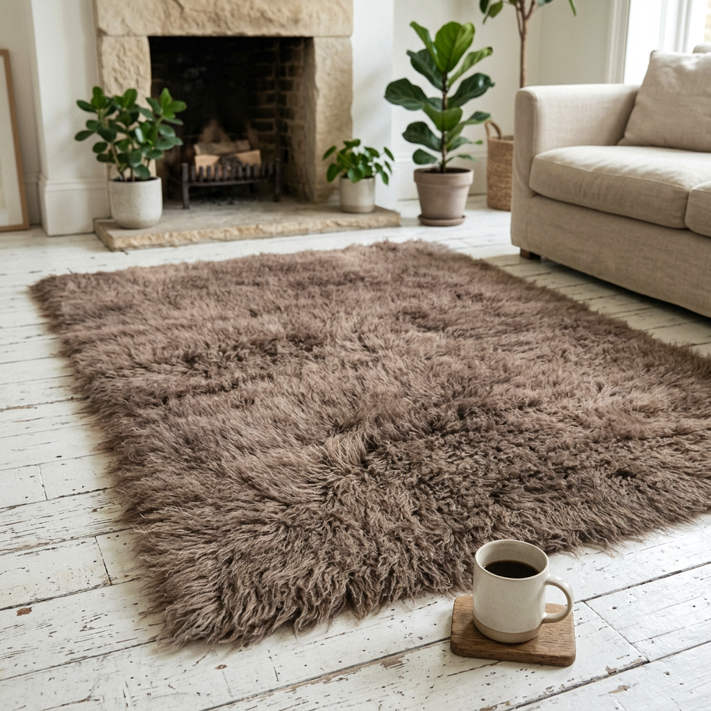 SUPER THICK LIGHT BROWN FLOKATI RUG💥LONG 3.5” PILE💥ORGANIC WOOL
