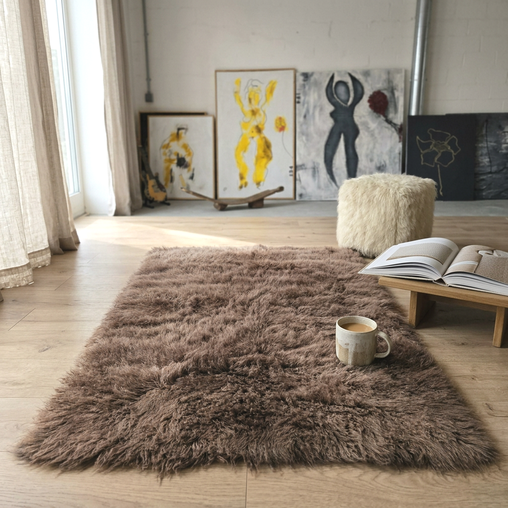 SUPER THICK LIGHT BROWN FLOKATI RUG💥LONG 3.5” PILE💥ORGANIC WOOL